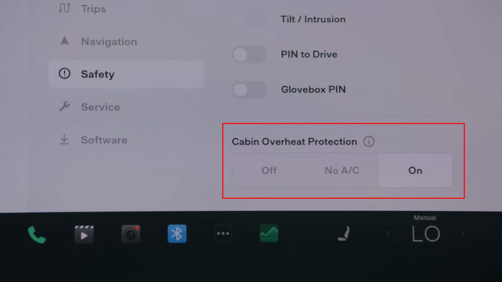 Screenshot: Tesla Cabin Overheat Protection controls on the center touchscreen display of a Tesla vehicle. 