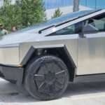 A closeup photo of the Tesla Cybertruck shrunken front-end in the alpha prototype (close to production) design revision.