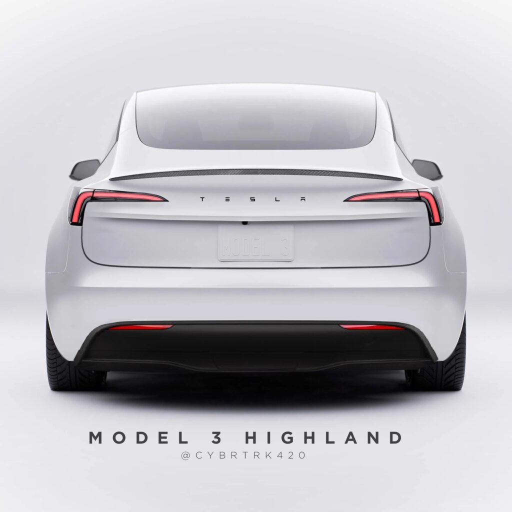 Artist's imagination of a Project Highland Tesla Model 3 rear fascia (render).