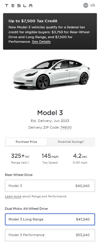 Screenshot: Prices of all the variants of the Tesla Model 3 in the United States as of 3rd May 2023.