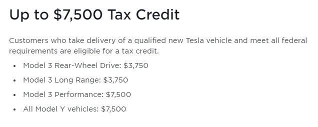 Tesla Model 3 and Model Y Federal Tax Credit slabs as mentioned on Tesla's official website.