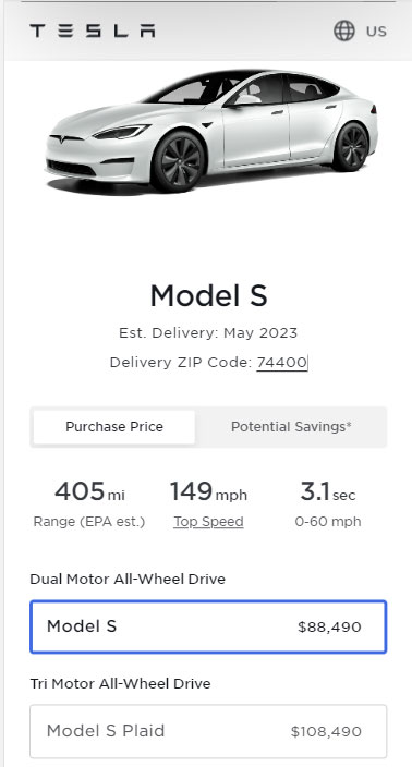 Screenshot: Prices of all the variants of the Tesla Model S in the United States as of 12th May 2023.