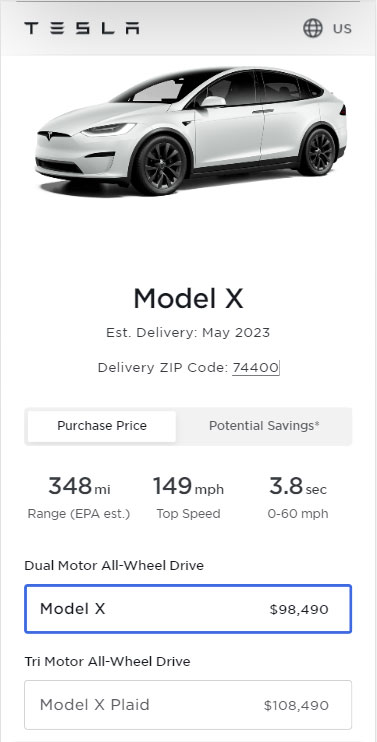 Screenshot: Prices of all the variants of the Tesla Model X in the United States as of 12th May 2023.