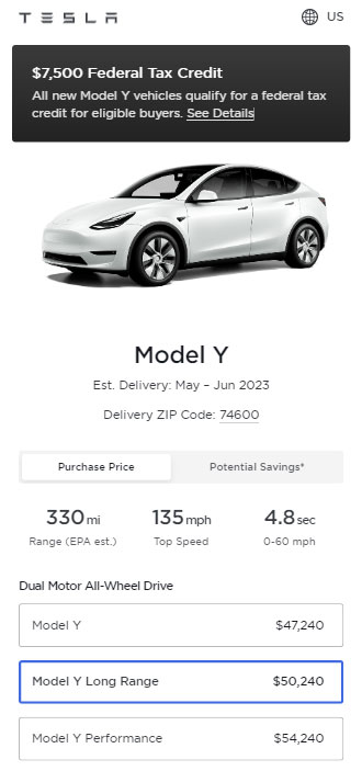 Screenshot: Prices of all the variants of the Tesla Model Y in the United States as of 3rd May 2023 and the addition of the new base variant of the electric SUV.