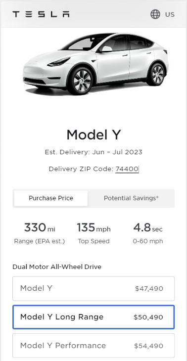 Screenshot: Prices of all the variants of the Tesla Model Y in the United States as of 12th May 2023.