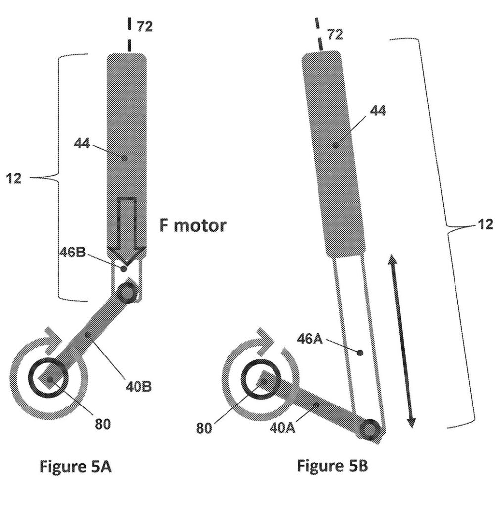 Figures 5A and 5B from the Tesla Cybertruck power tailgate patent. An illustration of the relative positioning of the crank arm and the actuator when the tailgate is in the open position. Fig 5B: Similar to 5A except the system has moved the tailgate to the closed position.