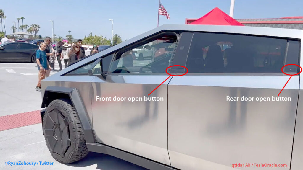 Tesla Cybertruck's door opening buttons marked with red for the front and rear doors, located on B and C pillars respectively.