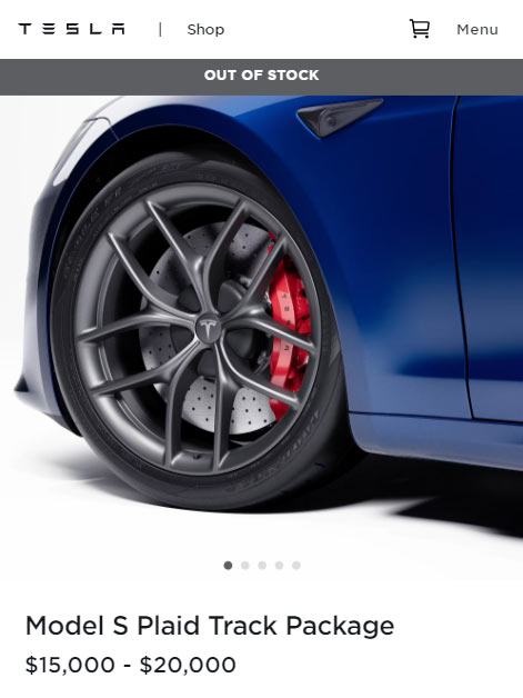 Tesla online shop showing Model S Plaid Track Package as Out of Stock (sold out).
