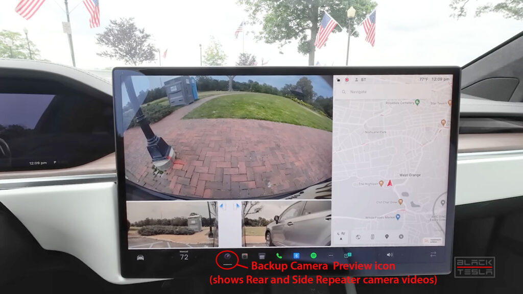 Screenshot 1: Tesla center touchscreen UI has a camera icon that shows video feed from 3 cameras (1 rear and 2 side repeaters).
