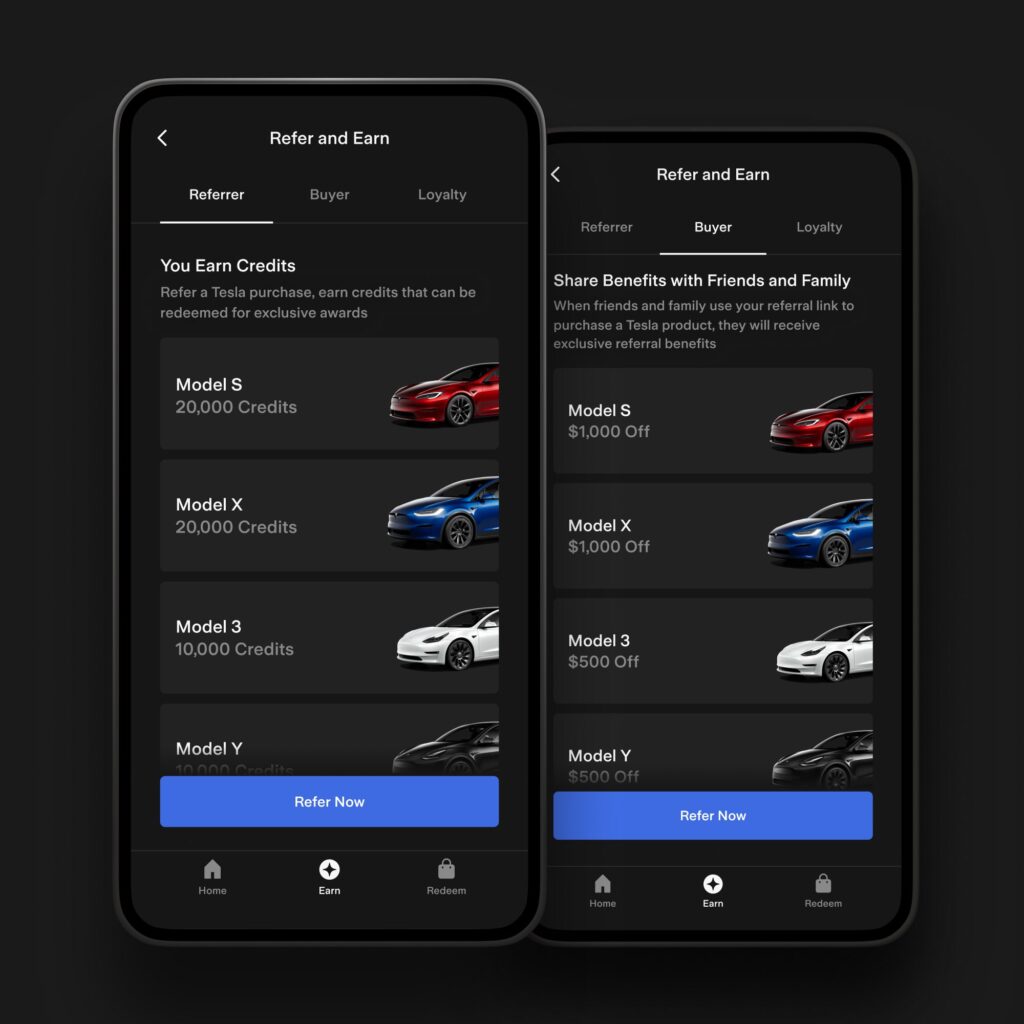Tesla App screenshots showing the 2023 Tesla Referral Program perks.
