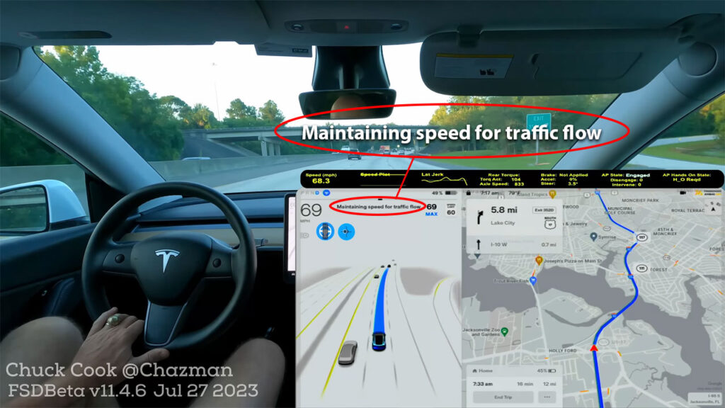 Tesla FSD Beta 11.4.6 driving on a Florida highway with the newly-added Traffic Flow feature.