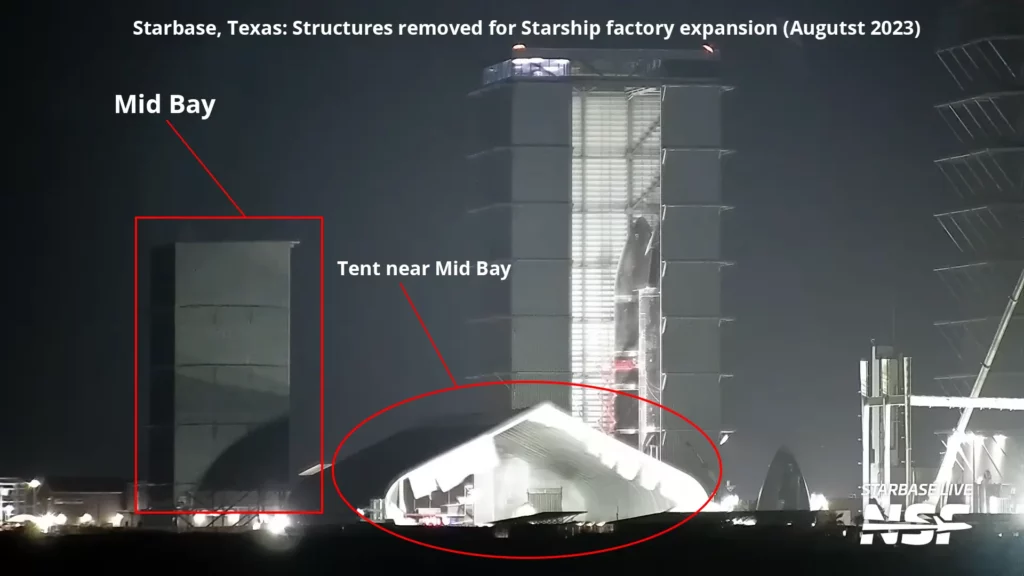 Mid Bay and the production tent near it have been demolished for Starship factory expansion at Starbase, Texas.