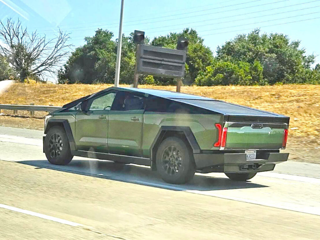 Tesla Cybertruck wrapped in a Toyota Tundra green wrap. Spotted around Tesla Engineering HQ in Palo Alto, California.