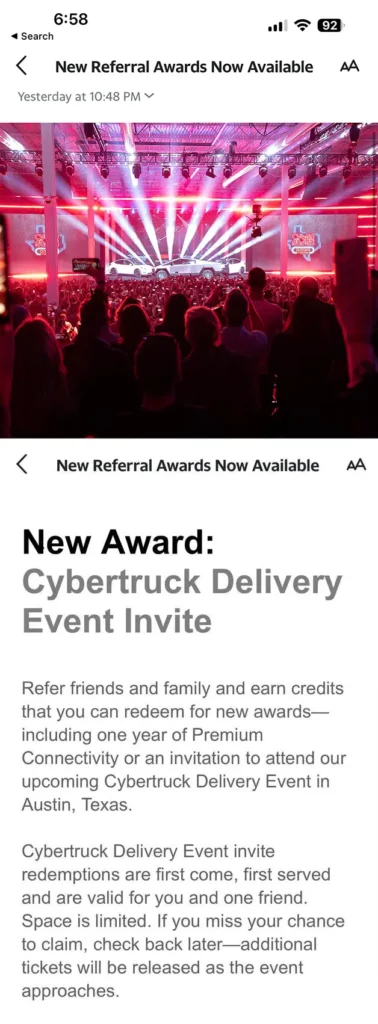 Screenshot of the Tesla Delivery Event invitation award announcement email. The invite is now part of the Tesla Referral Program perks.