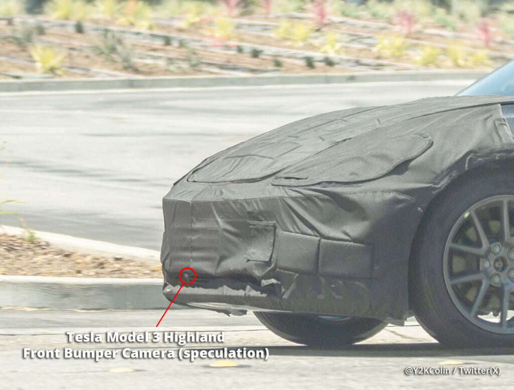 Project Highland Tesla Model 3 apparently has a front bumper camera similar to a Cybertruck.