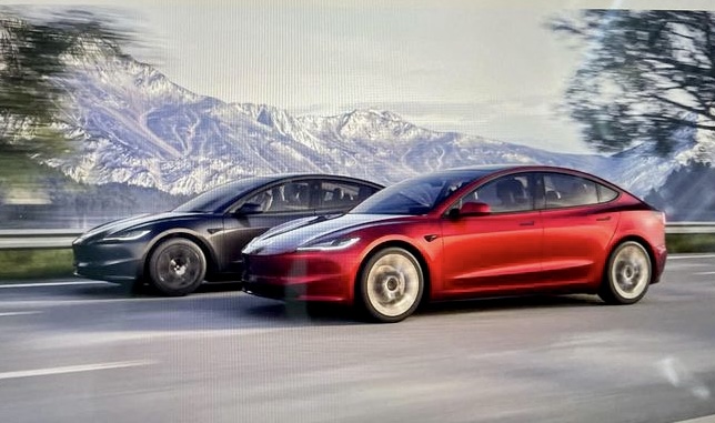 Two Highland Tesla Model 3 cars shown (black and red) on what seems to be a poster or website/presentation image. Allegedly leaked ahead of the Model 3 Highland reveal in China on 1st September 2023.