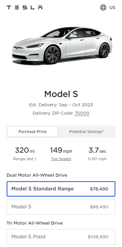 Screenshot: Prices of all the variants of the Tesla Model S in the United States as of 23rd August 2023.