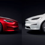 Tesla Model S in Ultra Red color (left), Tesla Model X in Pearl White Multi-Coat color (right).