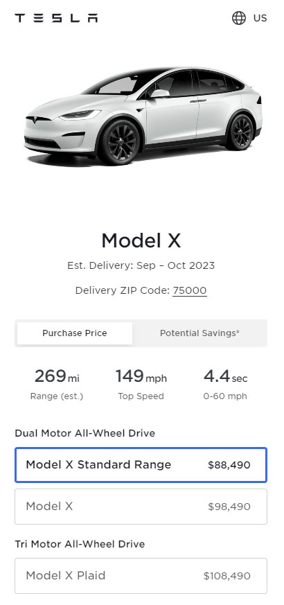 Screenshot: Prices of all the variants of the Tesla Model X in the United States as of 23rd August 2023.