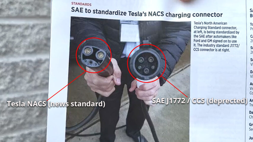 Tesla NACS connector (left) and SAE J1772/CCS connector (right).