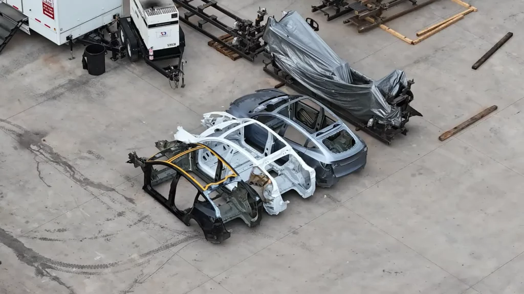 3 Tesla Model Y body-in-white sighted at Giga Texas after the factory re-opened on Monday 25th September 2023.