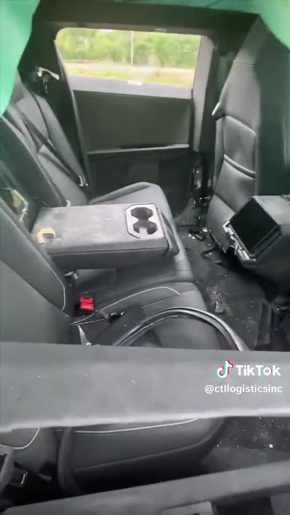 Interior of the passenger cabin of a Tesla Cybertruck after going through a rollover crash safety test.