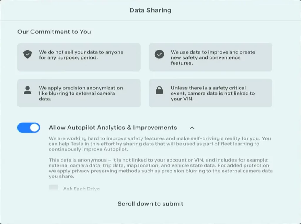Screenshot 1: Tesla asking for vehicle driving and Autopilot video data sharing and defining the terms and privacy of its use by the company in after installing FSD Beta 11.4.7.2 (2023.27.6). 
