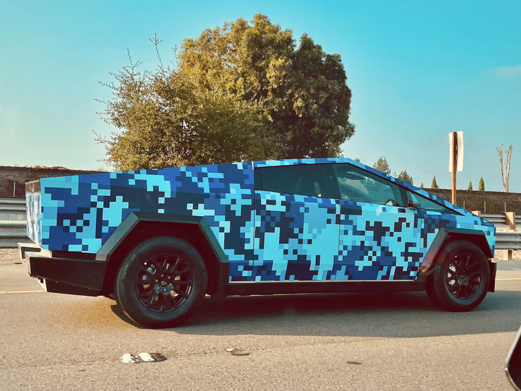 Tesla Cybertruck in blue color pixel pattern wrap spotted in California.