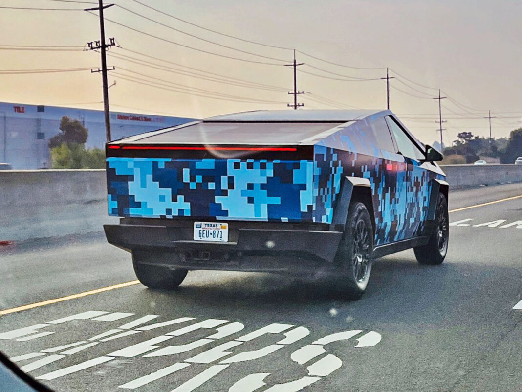 Cybertruck spotted with a blue-pixel pattern wrap, Tesla might just