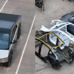 Tesla Cybertruck Master Candidate (left), new body-in-white Model Ys at Giga Texas.