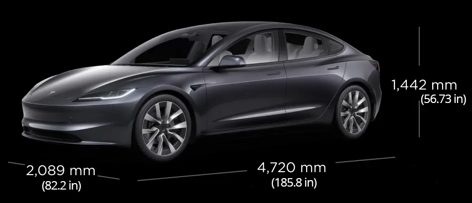 Image diagram of the new Tesla Model 3 Highland refresh labeled with its exterior dimensions in both mm and inches.