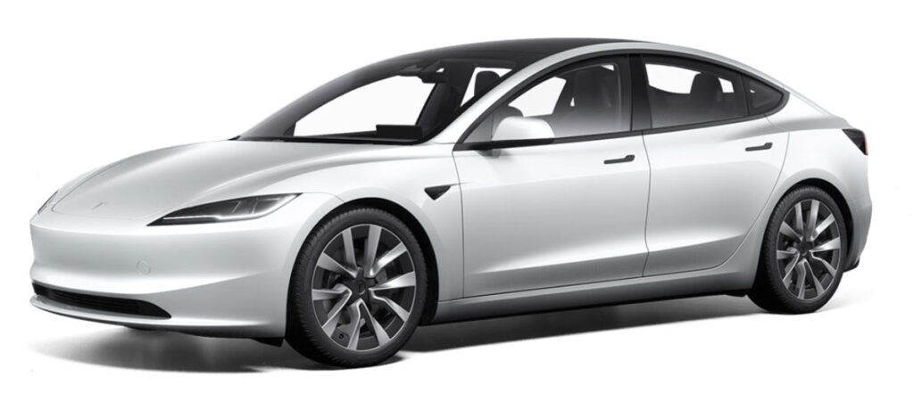 Front fascia and side profile of the new Tesla Model 3 Highland refresh.