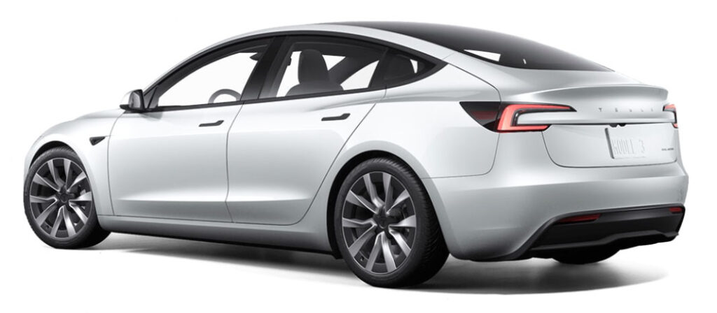 Front fascia, LED brake light, and side profile of the new Tesla Model 3 Highland refresh.