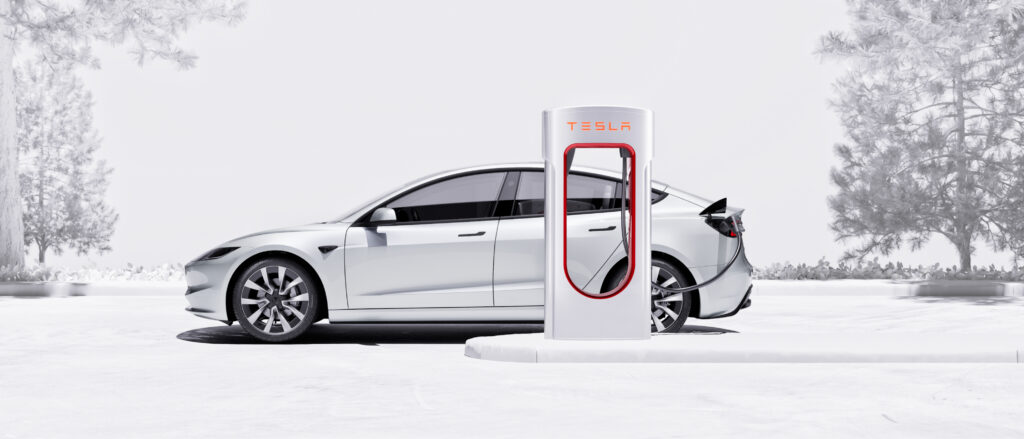The new design refreshed 2023 Tesla Model 3 Highland charging on a Tesla V3 Supercharger.
