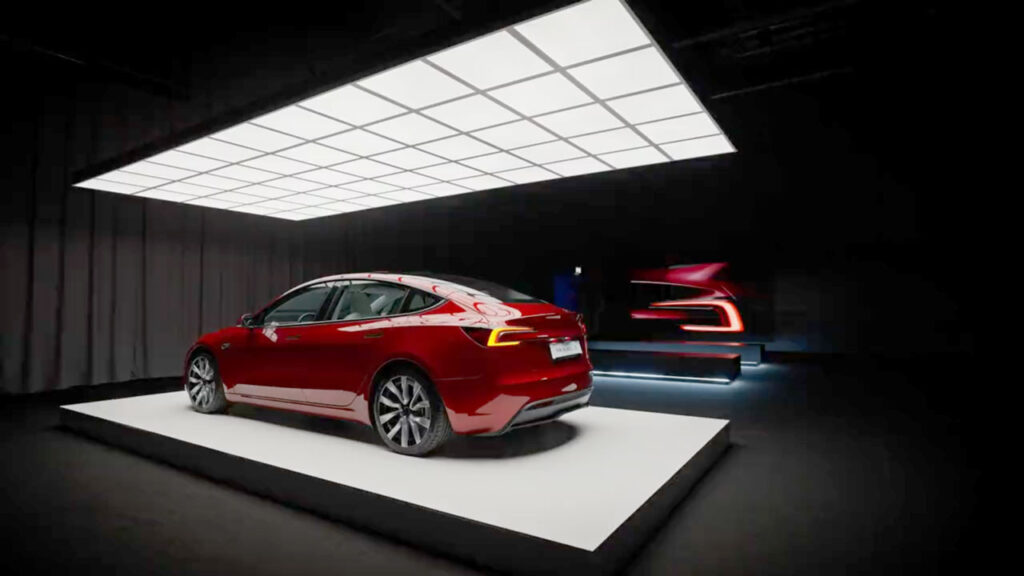 A Tesla Model 3 Highland in Ultra Red color on display at the reveal premier in Norway on 1st September 2023.