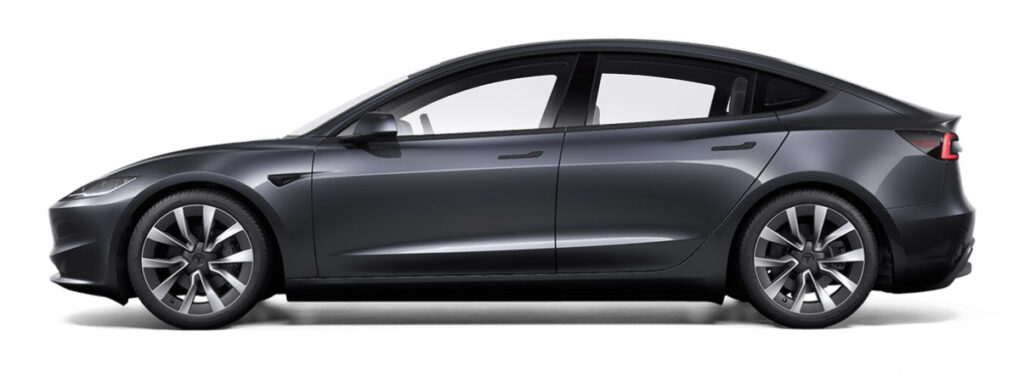 The entire side profile of the new Tesla Model 3 Highland in Stealth Grey color.