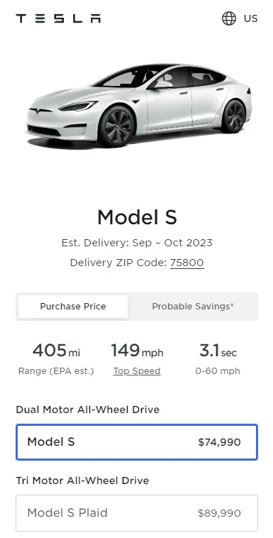 Screenshot: Prices of all the variants of the Tesla Model S in the United States as of 5th September 2023. Source: Tesla online car configurator.