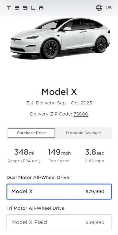 Screenshot: Prices of all the variants of the Tesla Model X in the United States as of 5th September 2023. Source: Tesla online car configurator.