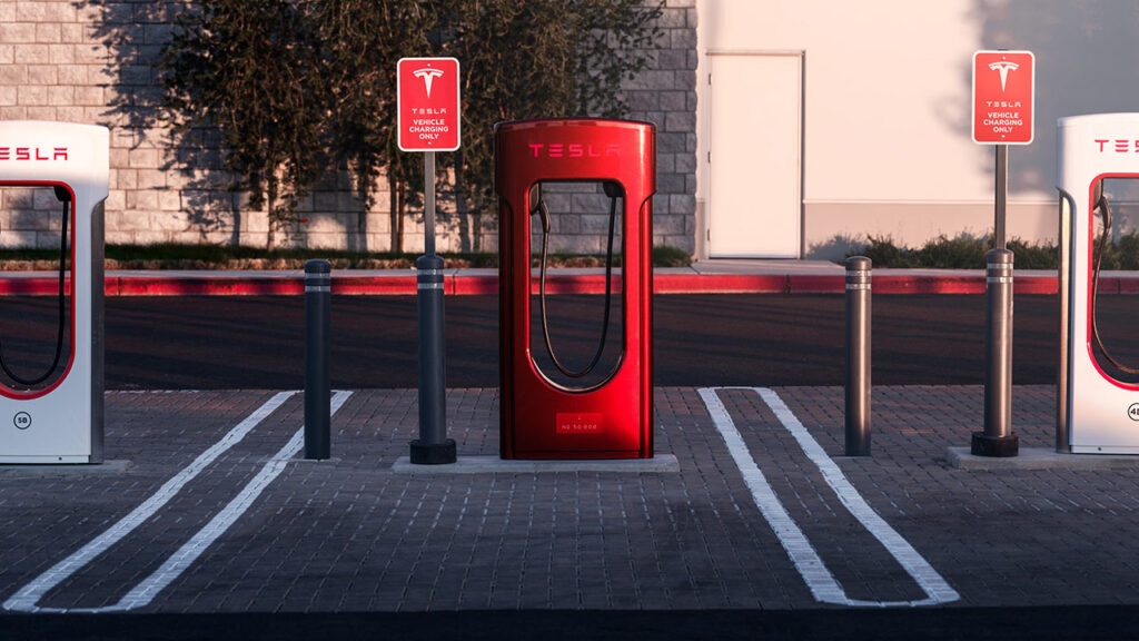 Tesla's 50,000th Supercharger stall painted in Ultra Red color (located at the Roseville, California Supercharger station). 