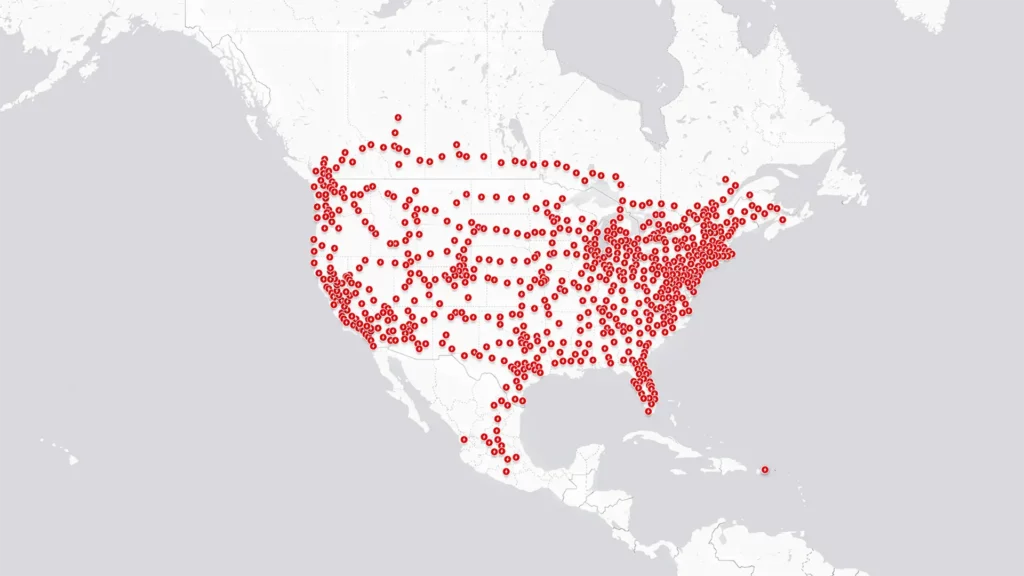 The density of the Tesla Supercharger EV charging network in North America.