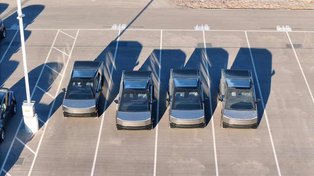 Four Tesla Cybertrucks parked outside at the Giga Texas parking lot on 18th October 2023.