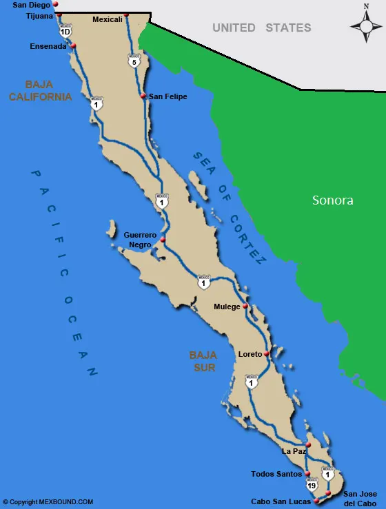 Map of Baja California: from San Diego, CA to Cabo San Lucas, Mexico.