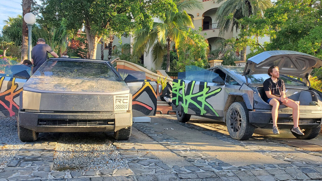 Two Cybertruck RC prototypes spotted outside a hotel in Mexico as the Tesla team takes a rest during the Baja Cabo off-roading trip.