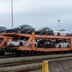 The 1st train loaded with Tesla Model 3 Highland EVs leaves the Port of Zeebrugge, Belgium for deliveries across the country and Europe.