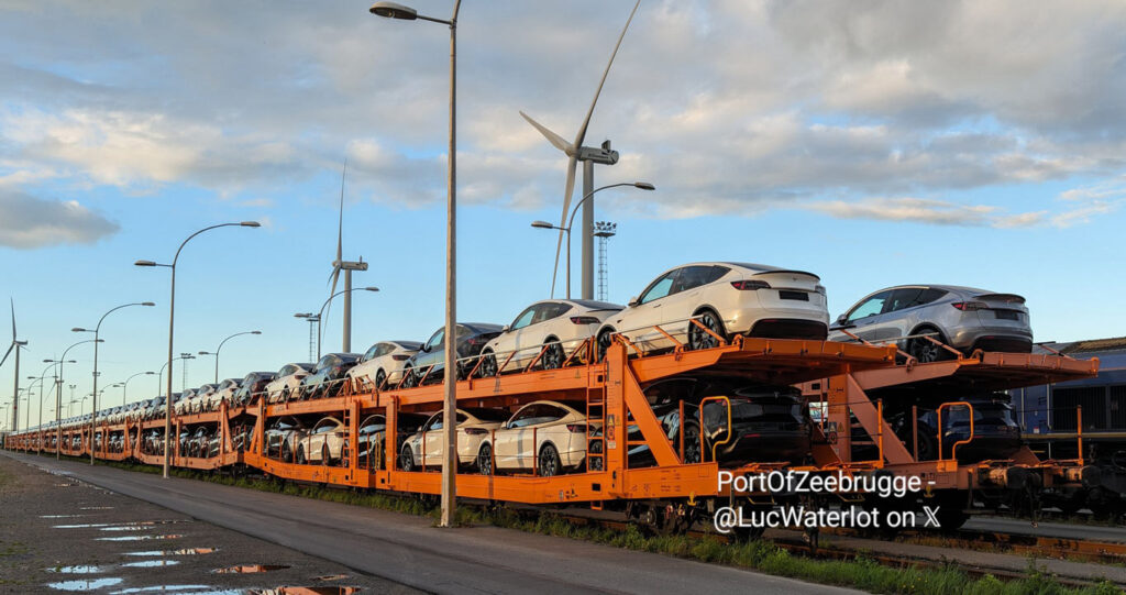 A large number of Tesla Model 3 Highland cars being delivered from the Port of Zeebrugge, Belgium to Europe via trains.