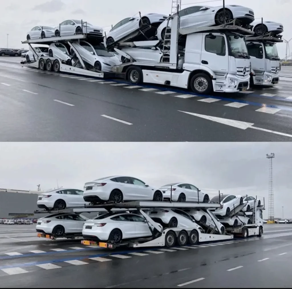 Tesla Model 3 Highland cars loaded on car carrier trailers for deliveries to Tesla Stores in Europe.