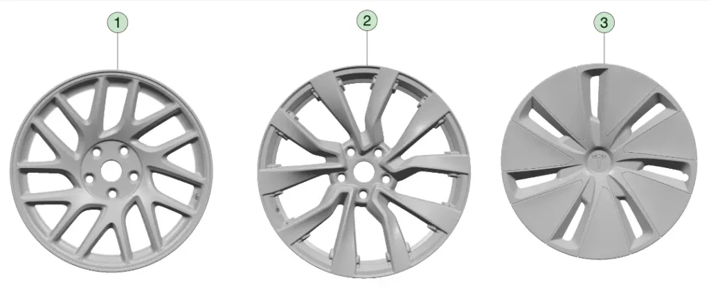 Diagram: Tesla Model 3 Highland wheel designs found in the car's official online Parts Catalog.
