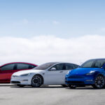 From left to right: Tesla Model 3, Model S, and Model Y in an official group photo.