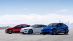 From left to right: Tesla Model 3, Model S, and Model Y in an official group photo.