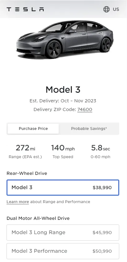 Screenshot: Prices of all the variants of the Tesla Model 3 in the United States as of 7th October 2023. Source: Tesla online car configurator.